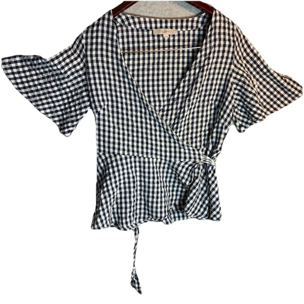 The Loft Plaid Wrap Blouse Top Sz S Gingham Country Cottagecore Blue Cotton